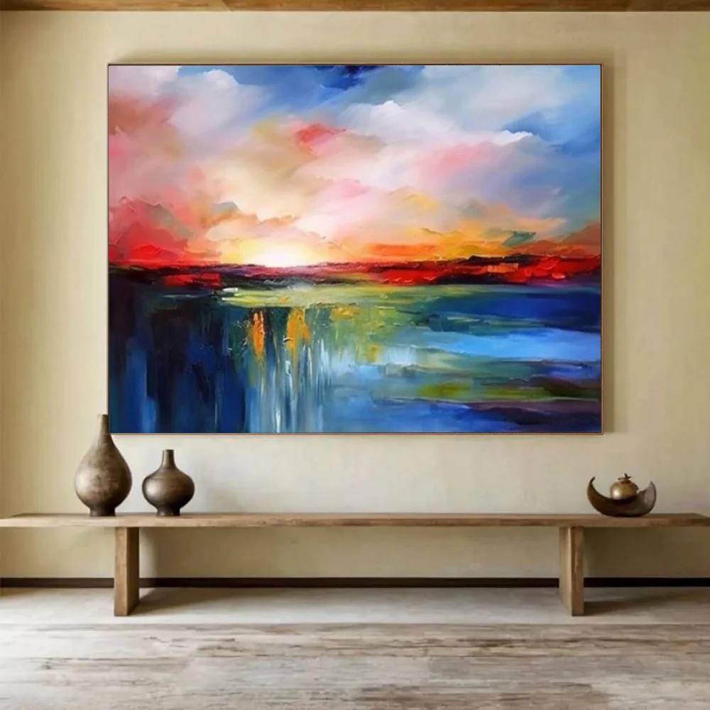 White Original Hand-painted Sunset Colorful Blue Abstract Artwork AK4I0